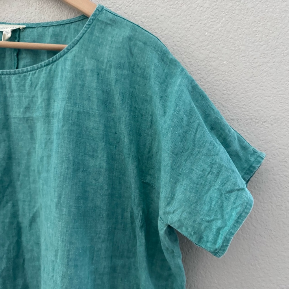 Eileen Fisher Delave Linen Top Large Green Boxy Relaxed Lagenlook Minimalist - Picture 9 of 12